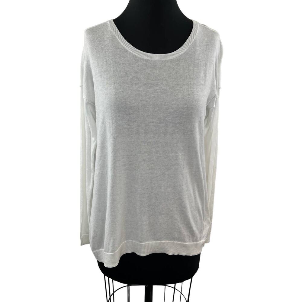 Minnie Rose White XS Top Round Neck Restore Asymmetrical Long Sleeve Pullover